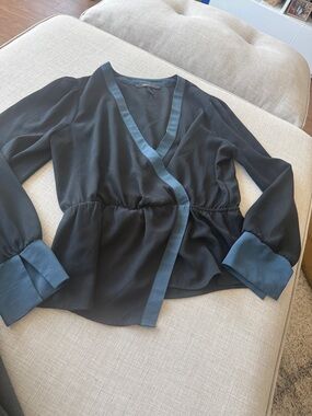 BCBGMaxAzria Black Wrap Blouse with Blue Trim